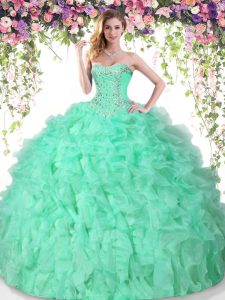 Trendy Apple Green Sweetheart Neckline Beading and Ruffles Vestidos de Quinceanera Sleeveless Lace Up