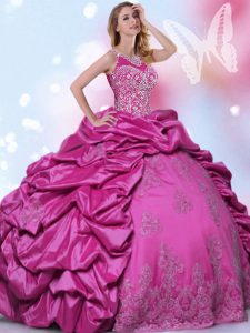 Halter Top Fuchsia Lace Up Quinceanera Gowns Beading and Lace and Appliques and Pick Ups Sleeveless Floor Length