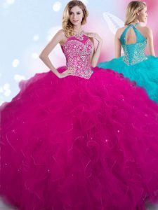 Sweet Halter Top Fuchsia Sleeveless Tulle Lace Up Quinceanera Gowns for Military Ball and Sweet 16 and Quinceanera
