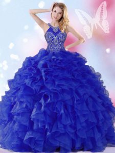 Dazzling Ball Gowns Quinceanera Dresses Royal Blue Halter Top Organza Sleeveless Floor Length Lace Up