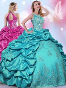Hot Selling Teal Taffeta Lace Up Halter Top Sleeveless Floor Length Quinceanera Dresses Beading and Lace and Appliques a