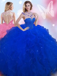 Inexpensive Royal Blue Sleeveless Tulle Zipper Ball Gown Prom Dress for Military Ball and Sweet 16 and Quinceanera