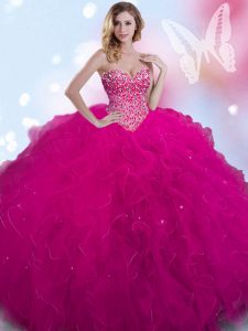 Designer Ball Gowns Quinceanera Dresses Fuchsia Sweetheart Tulle Sleeveless Floor Length Lace Up