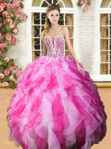 Pink And White Organza Lace Up 15th Birthday Dress Sleeveless Floor Length Beading and Ruffles