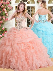 Peach Sweetheart Neckline Appliques and Ruffles and Pick Ups 15 Quinceanera Dress Sleeveless Lace Up