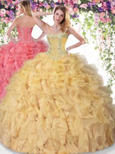 Superior Beading and Ruffles Quinceanera Dresses Gold Lace Up Sleeveless Floor Length