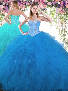 Blue Ball Gowns Tulle Sweetheart Sleeveless Beading Floor Length Lace Up Vestidos de Quinceanera