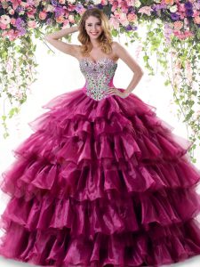 High End Sleeveless Floor Length Beading and Ruffled Layers Lace Up Sweet 16 Dresses with Fuchsia