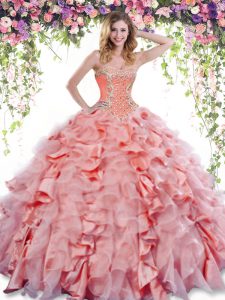 Exceptional Watermelon Red Sleeveless Floor Length Beading and Ruffles Lace Up Ball Gown Prom Dress