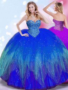 Discount Royal Blue Ball Gowns Tulle Sweetheart Sleeveless Beading Floor Length Lace Up Ball Gown Prom Dress