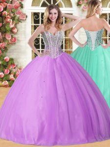Stunning Lilac Sleeveless Floor Length Beading Lace Up Quinceanera Dresses