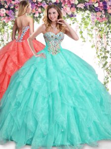 Apple Green Sleeveless Floor Length Beading and Ruffles Lace Up Sweet 16 Dresses