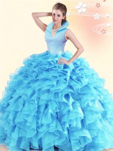 Fashion Floor Length Backless Sweet 16 Dresses Aqua Blue for Military Ball and Sweet 16 and Quinceanera with Beading and