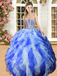 Blue And White Lace Up Sweetheart Beading and Ruffles 15 Quinceanera Dress Organza Sleeveless