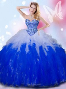 Stunning Beading and Ruffles Quince Ball Gowns Blue And White Lace Up Sleeveless Floor Length