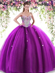 Glittering Eggplant Purple Sleeveless Floor Length Beading Lace Up Sweet 16 Dresses