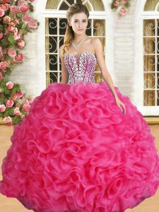 Fashionable Beading and Ruffles Sweet 16 Quinceanera Dress Hot Pink Lace Up Sleeveless Floor Length