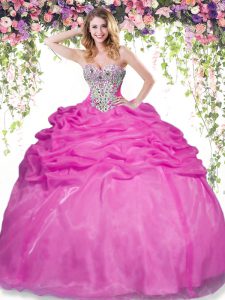 Hot Pink Organza Lace Up 15 Quinceanera Dress Sleeveless Floor Length Beading and Pick Ups