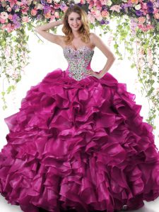 Unique Fuchsia Lace Up 15 Quinceanera Dress Beading and Ruffles Sleeveless Floor Length