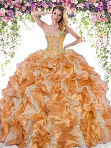 Floor Length Multi-color Ball Gown Prom Dress Organza Sleeveless Beading and Ruffles