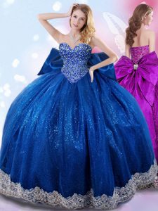 Suitable Sweetheart Sleeveless Quinceanera Gowns Floor Length Beading and Lace and Bowknot Royal Blue Taffeta