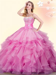 Deluxe Sweetheart Sleeveless Lace Up Quinceanera Gown Rose Pink Organza