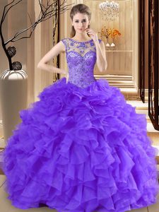 Custom Designed Scoop Floor Length Lace Up Vestidos de Quinceanera Purple for Military Ball and Sweet 16 and Quinceanera