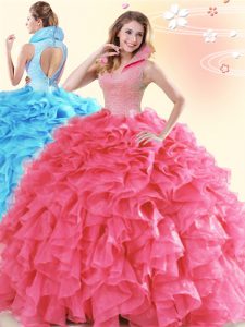 Coral Red Sweet 16 Quinceanera Dress Military Ball and Sweet 16 and Quinceanera and For with Beading and Ruffles High-ne