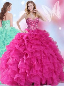 Extravagant Hot Pink Ball Gowns Sweetheart Sleeveless Organza Floor Length Lace Up Beading and Ruffles Sweet 16 Quincean