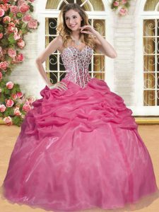 Coral Red Ball Gowns Sweetheart Sleeveless Organza Floor Length Lace Up Beading and Pick Ups 15 Quinceanera Dress