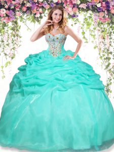 Popular Apple Green Ball Gowns Organza Sweetheart Sleeveless Beading and Pick Ups Floor Length Lace Up Quinceanera Dress