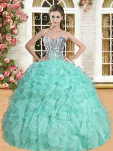 Glittering Sleeveless Organza Floor Length Lace Up Sweet 16 Quinceanera Dress in Apple Green with Beading and Ruffles