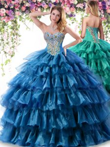 Pretty Teal Ball Gowns Sweetheart Sleeveless Organza Floor Length Lace Up Beading and Ruffled Layers Quinceanera Dresses