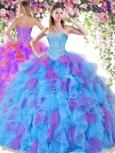 Modest Multi-color Organza Lace Up Quinceanera Dresses Sleeveless Floor Length Beading and Ruffles