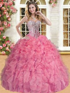 Organza Sweetheart Sleeveless Lace Up Beading and Ruffles Vestidos de Quinceanera in Watermelon Red