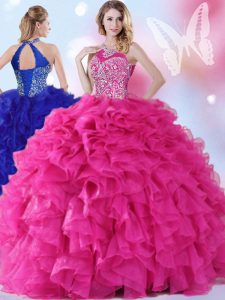 Halter Top Sleeveless Floor Length Beading and Ruffles Lace Up Quinceanera Dresses with Hot Pink