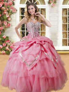 Customized Beading and Pick Ups Quinceanera Gowns Watermelon Red Lace Up Sleeveless Floor Length