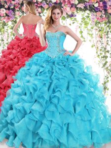 Lace Up Quince Ball Gowns Baby Blue for Military Ball and Sweet 16 and Quinceanera with Beading and Ruffles Sweep Train