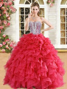 Custom Design Sweetheart Sleeveless Lace Up Sweet 16 Dresses Red Organza
