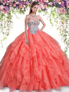 Orange Red Ball Gowns Sweetheart Sleeveless Organza Floor Length Lace Up Beading and Ruffles Sweet 16 Dresses