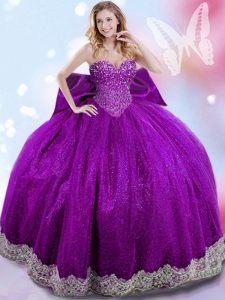 Adorable Floor Length Lace Up 15 Quinceanera Dress Eggplant Purple for Military Ball and Sweet 16 and Quinceanera with B