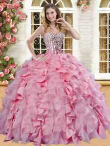 Dynamic Pink Ball Gowns Beading and Ruffles Quinceanera Dresses Lace Up Organza and Taffeta Sleeveless Floor Length