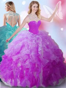 Dramatic Multi-color Tulle Zipper High-neck Sleeveless Floor Length Quince Ball Gowns Beading