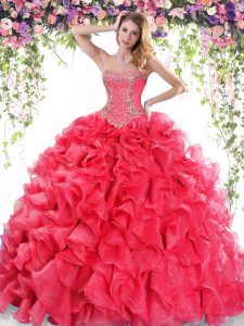 Elegant Red Sleeveless Sweep Train Beading and Ruffles Quinceanera Gown