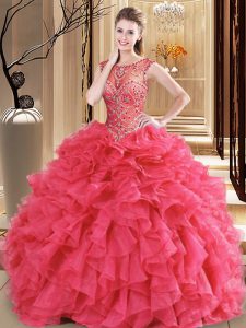 Scoop Sleeveless Floor Length Beading and Ruffles Lace Up Ball Gown Prom Dress with Coral Red