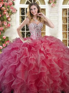 Floor Length Coral Red Sweet 16 Dresses Organza Sleeveless Beading and Ruffles