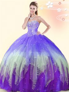 Fashionable Multi-color Lace Up 15th Birthday Dress Beading Sleeveless Floor Length