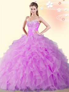 Flirting Lilac Lace Up Sweetheart Beading and Ruffles 15th Birthday Dress Organza Sleeveless