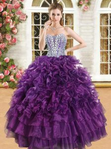 Vintage Purple Ball Gowns Organza Sweetheart Sleeveless Beading and Ruffles and Ruffled Layers Floor Length Lace Up Quin