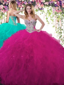 Custom Designed Fuchsia Sweetheart Lace Up Beading and Ruffles Quinceanera Gown Sleeveless